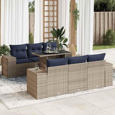 7-delige Loungeset met kussens poly rattan acacia grijs