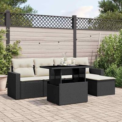 6-delige Loungeset met kussens poly rattan zwart