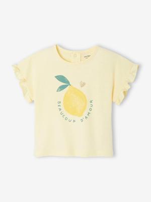 Babyshirt met ruches aan de mouwen en fruitmotief pastelgeel