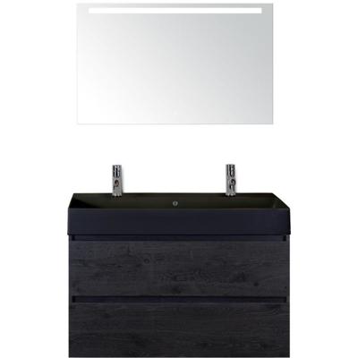 Maxx XL Badmeubelset 100 cm - Black Oak - Wastafel Kube Zwart 2 Kraangaten met LED Spiegel
