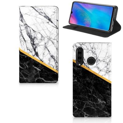 Huawei P30 Lite New Edition | Standcase | Marmer Wit Zwart - Origineel Cadeau Man