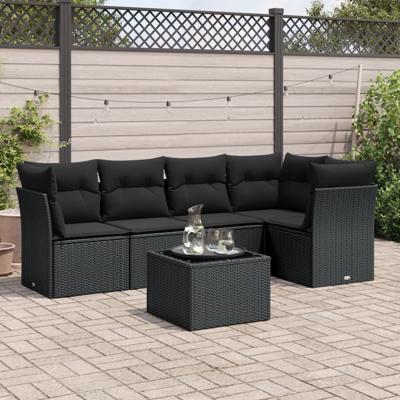 5-delige Loungeset met kussens poly rattan zwart