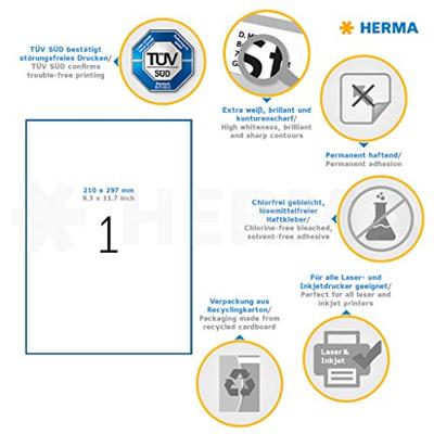 Herma 5065 Universele etiketten 210 x 297 mm Papier Wit 25 stuk(s) Permanent hechtend Inkjet, Laser (zwart/wit), Laser (kleur), Kopiëren (zwart/wit), Kopiëren