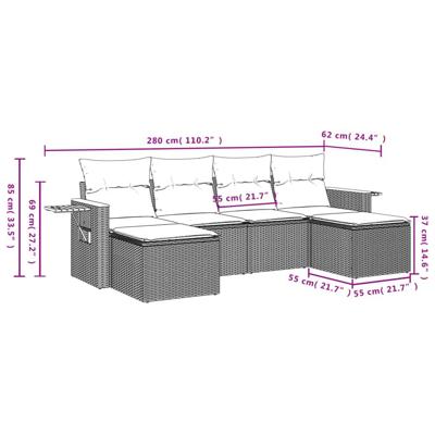 6-delige Loungeset met kussens poly rattan grijs - thumbnail