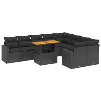 10-delige Loungeset met kussens poly rattan zwart - thumbnail