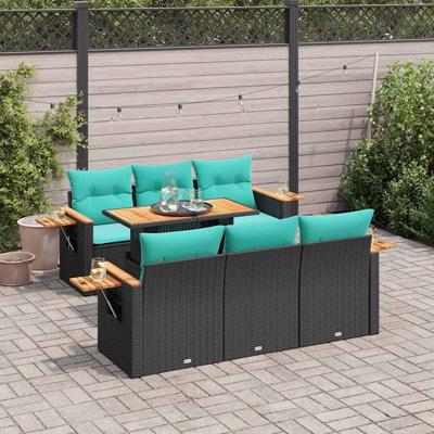 7-delige Loungeset met kussens poly rattan zwart