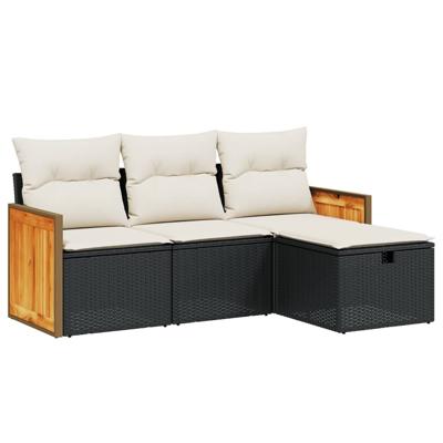4-delige Loungeset met kussens poly rattan zwart
