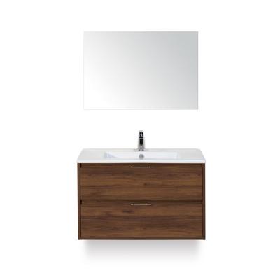 Porto Badmeubelset 90 cm - Walnoot - Keramische Wastafel Wit Slim - met Spiegel