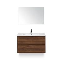 Porto Badmeubelset 90 cm - Walnoot - Keramische Wastafel Wit Slim - met Spiegel - thumbnail