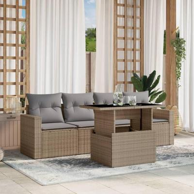 5-delige Loungeset met kussens poly rattan beige - thumbnail