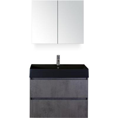 Maxx XL Badmeubelset 80 cm - Beton Antraciet - Wastafel Kube Zwart 1 Kraangat met Spiegelkast