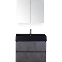 Maxx XL Badmeubelset 80 cm - Beton Antraciet - Wastafel Kube Zwart 1 Kraangat met Spiegelkast - thumbnail