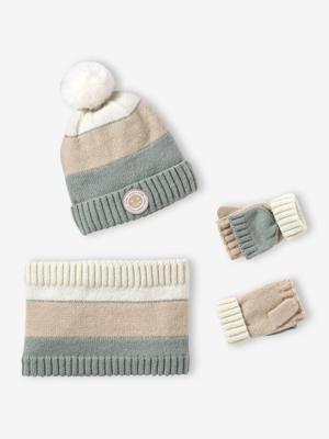 Meisjesmuts + snood + wanten/handschoenen in colorblock voor meisjes blauwgroen Meisjesmuts + snood + wanten/handschoenen in colorblock voor meisjes blauwgroen