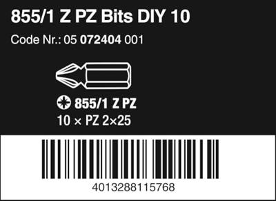 Wera 855/1 Z DIY SiS 05072404001 Kruis-bit PZ 2 Gereedschapsstaal Taai D 6.3 10 stuk(s)