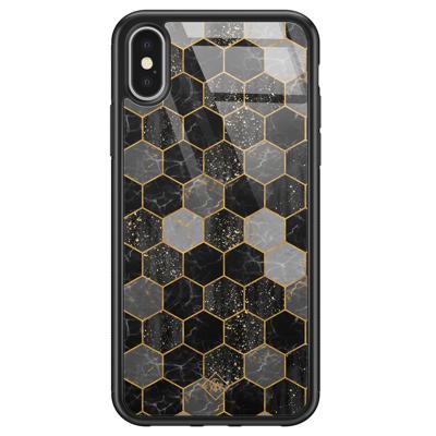 iPhone X/XS glazen hardcase - Hexagons zwart