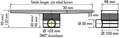 Easy Drain Tegeldrain tegelgoot met zijuitloop 9.8x100cm 50mm RVS edt1000