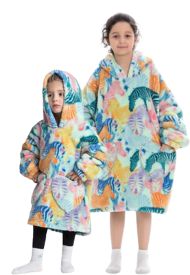 Zebra deken kind met capuchon - fleece poncho-98 t/m 128 (ca.3-7 jaar)