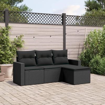 4-delige Loungeset met kussens poly rattan zwart