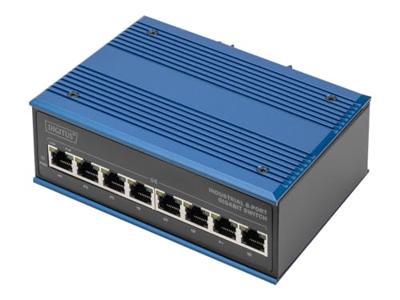 DIGITUS PoE netwerk-switch - 8-poorts Gigabit Ethernet - DIN-rail montage - klemlijst - Ventilatorloos - Zwart/blauw