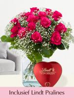 15 roze Tacazzi rozen met gipskruid + Lindt hart - thumbnail