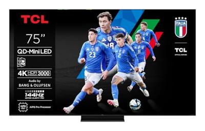 TCL 75C7K 75 inch QD-mini led-tv, 4K HDR Premium 3000, Smart Google TV met 144 Hz Motion Clarity Pro (Dolby Vision IQ & Atmos, CrystGlow HVA Panel, audio van Bang & Olufsen, Game Master)