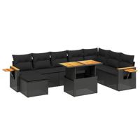 9-delige Loungeset met kussens poly rattan zwart - thumbnail