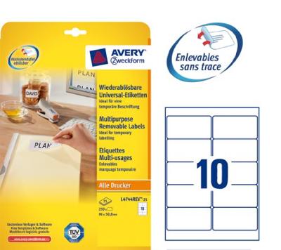 Etiket Avery Zweckform L4744REV-25 96x50.8mm afneembaar wit 250stuks Etiket Avery Zweckform L4744REV-25 96x50.8mm afneembaar wit 250stuks
