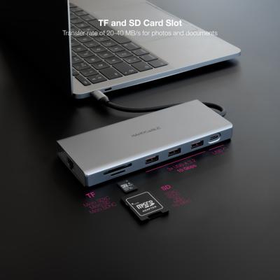 NANOCABLE 10.16.4612 - USB-C Hub, 12-in-1, USB-C 3.1 naar 3 x USB-A 3.2 + USB-C PD + 2 x HDMI 4K @ 60Hz + RJ45 1 Gbps + TF + SD + Audio Jack 3.5, Aluminium, Grijs, 1 ca. 8 cm