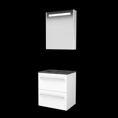 Basic-Line Premium 46 Badkamermeubelset - 60 x 46 cm - Met Grepen - 2 Lades - Hardstenen Wastafel - 1 Kraangat - Spiegelkast met LED Verlichting - Ice White