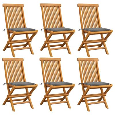Tuinstoelen 6 st met grijze kussens massief teakhout