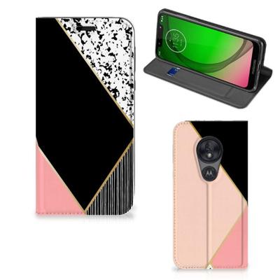 Motorola Moto G7 Play Stand Case Zwart Roze Vormen Motorola Moto G7 Play Stand Case Zwart Roze Vormen
