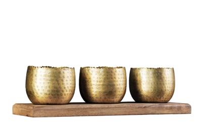 Set van 3 kommen ORIENT 45cm goud met dienblad massief mangohouten decoratie handgemaakt - 44895