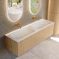 Mondiaz KURVE 150 cm Onderkast Greeploos 2 Lades Zonder Deuren Oak, Wastafel Solid Surface Dubbel Talc 0 Kraangaten Zonder Spiegel (KRVBGS1502L0D0KD-Oak/Tal) - thumbnail