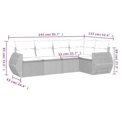 5-delige Loungeset met kussens poly rattan lichtgrijs
