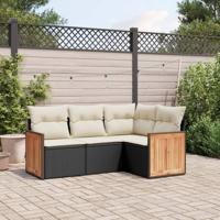 4-delige Loungeset met kussens poly rattan zwart - thumbnail