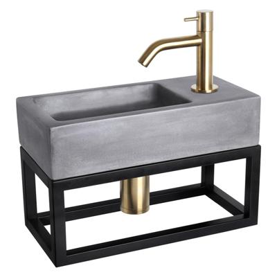 Fonteinset Differnz Ravo Beton en Handoekrek 38.5x18.5x9 cm Donker Grijs Met Gebogen Kraan Mat Goud Differnz