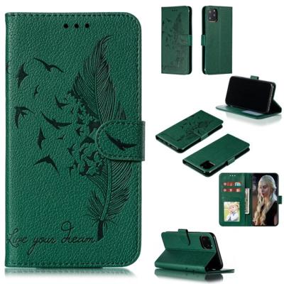 Feather patroon Litchi textuur horizontale Flip lederen draagtas met portemonnee & houder & kaartsleuven voor iPhone 11 Pro (groen)