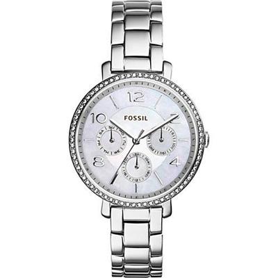 Fossil ES3755 Jacqueline Dameshorloge van roestvrij staal met kristallen accenten en schakelarmband Fossil ES3755 Jacqueline Dameshorloge van roestvrij staal met kristallen accenten en schakelarmband