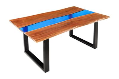 Massieve eettafel LIQUID 160cm bruin acaciahout boomrand zwart ijzer blauw - 45831