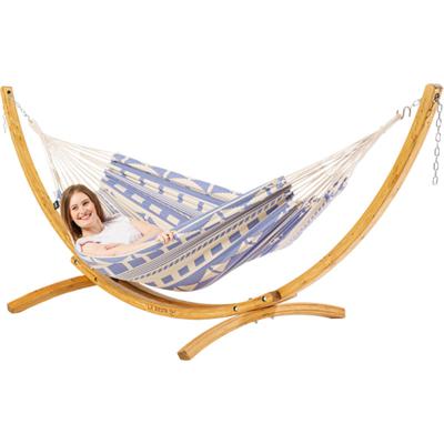 Eenpersoons hangmat met houten standaard - 300x140cm - Paars - 120kg draagkracht- 100% katoen - binnen & buiten