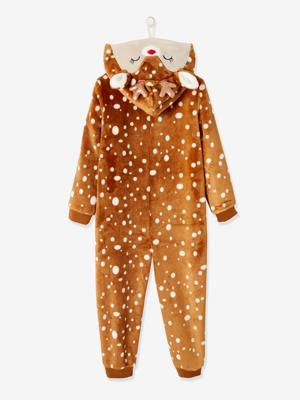 Onesie 'Kerstrendier' meisje pluche-effect bruin met print
