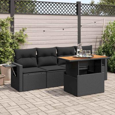 5-delige Loungeset met kussens poly rattan zwart