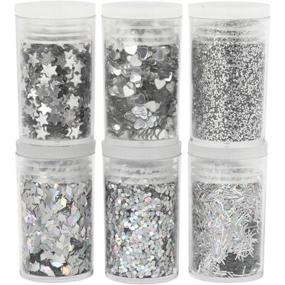 Creativ Company Bio sparkles & sequins, zilver, 6x7 ml/ 1 doos Creativ Company Bio sparkles & sequins, zilver, 6x7 ml/ 1 doos