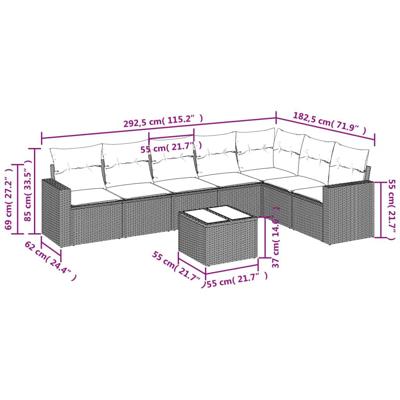 8-delige Loungeset met kussens poly rattan beige