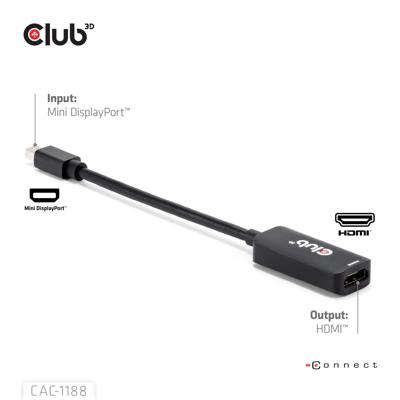 club3D CAC-1188 Mini-displayport / HDMI Adapterkabel [1x Mini-DisplayPort stekker - 1x HDMI-bus] Zwart 9 cm