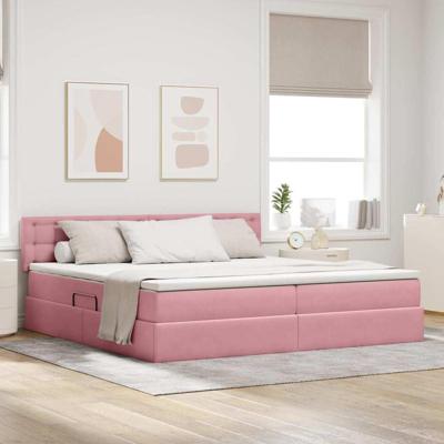 Bed met LED -striplichten met opslag Roze 200 x 200 cm Fluweel