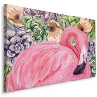 Schilderij - Roze Flamingo en bloemen (print op canvas), 4 maten, premium print - thumbnail