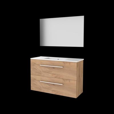 Basic-Line Basic 39 Badkamermeubelset - Ondiep - 100 x 39 cm - Met Grepen - 2 Lades - Keramische Wastafel - 1 Kraangat - Spiegel - Whisky Oak
