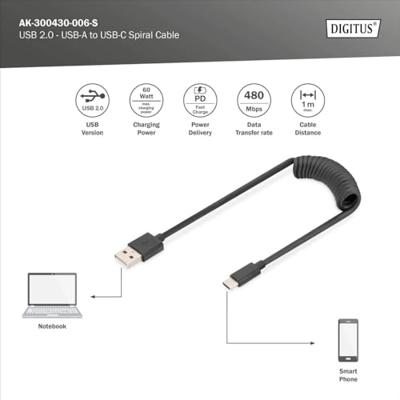 Digitus USB-kabel USB 2.0 USB-A stekker, USB-C stekker 1.00 m Zwart Stekker past op beide manieren, Afgeschermd (dubbel), Flexibel, Spiraalkabel AK-300430-006-S Digitus USB-kabel USB 2.0 USB-A stekker, USB-C stekker 1.00 m Zwart Stekker past op beide manieren, Afgeschermd (dubbel), Flexibel, Spiraalkabel AK-300430-006-S