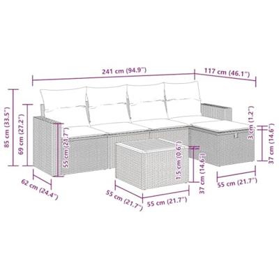 6-delige Loungeset met kussens poly rattan grijs